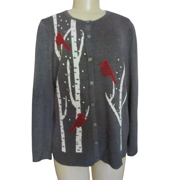 New w Tags, Christopher & Banks Gray Cardinal Birds Cardigan SZ M - Picture 2 of 5